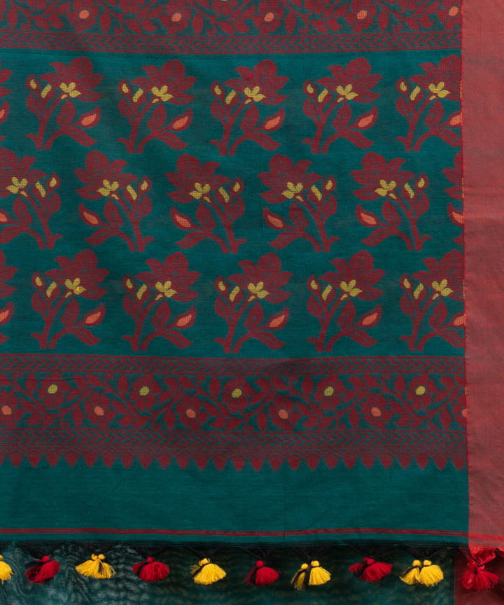 Pine green red cotton handloom jacquard saree