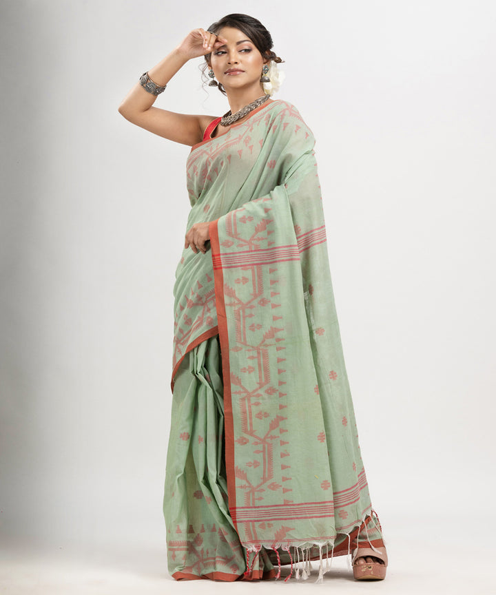 Sage green red cotton handloom jacquard jamdani saree