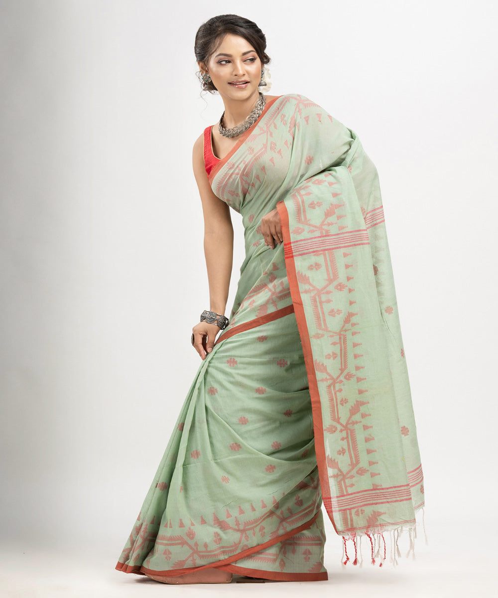 Sage green red cotton handloom jacquard jamdani saree