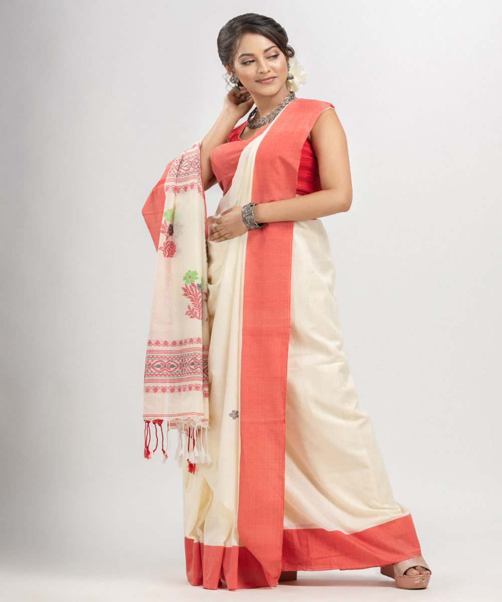 White red cotton ganga jamuna broder handloom jacquard saree
