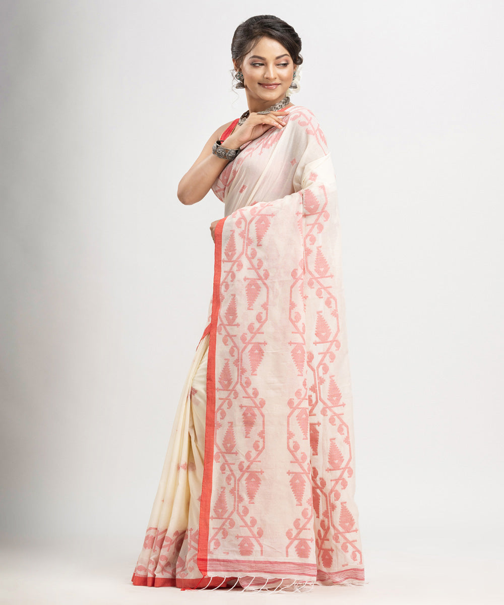 White red cotton handwoven jacquard saree