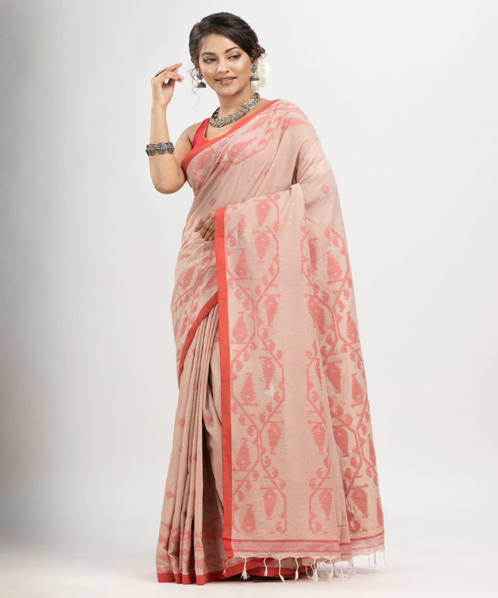 Cozy peach red cotton handwoven jacquard saree