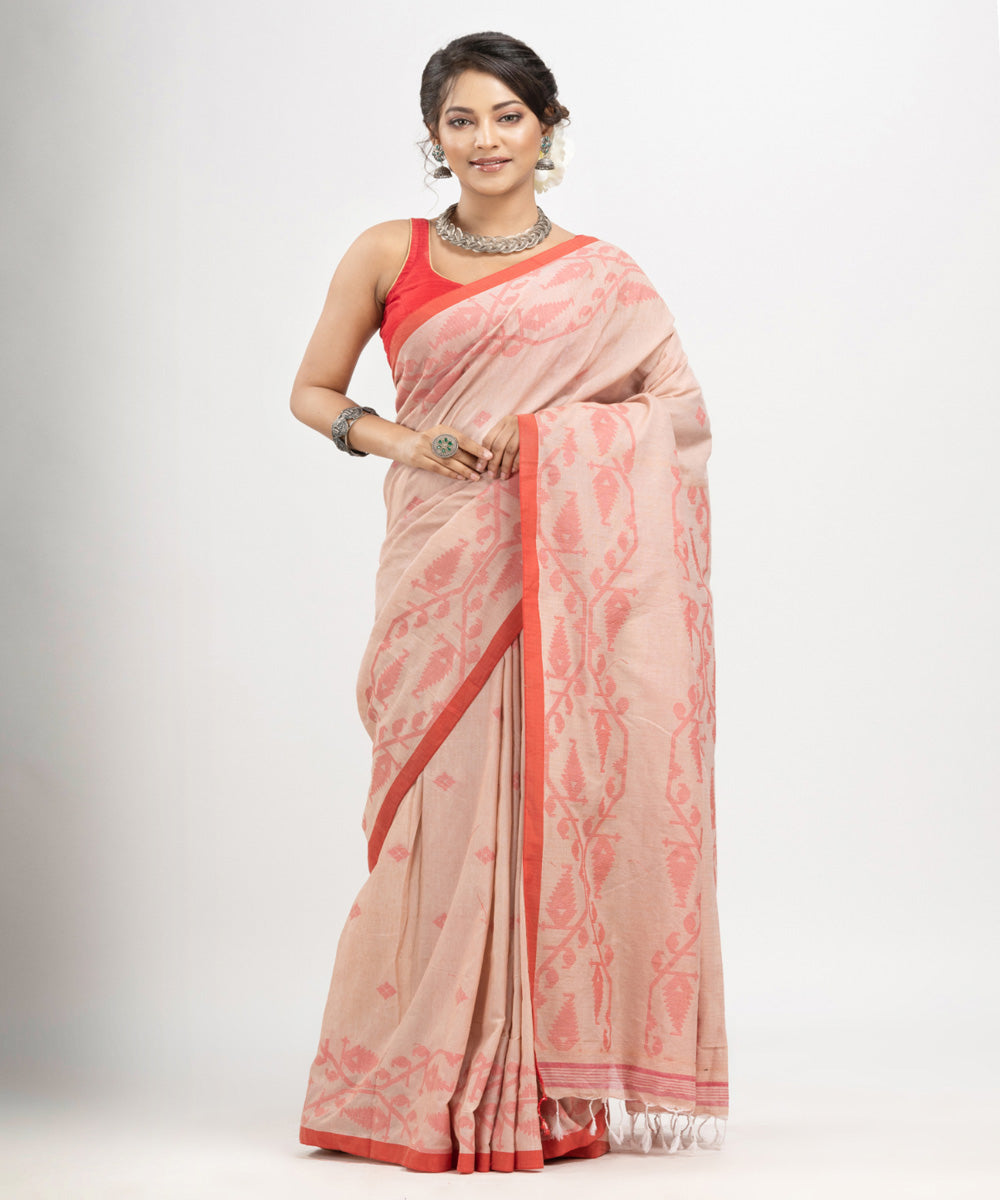 Cozy peach red cotton handwoven jacquard saree