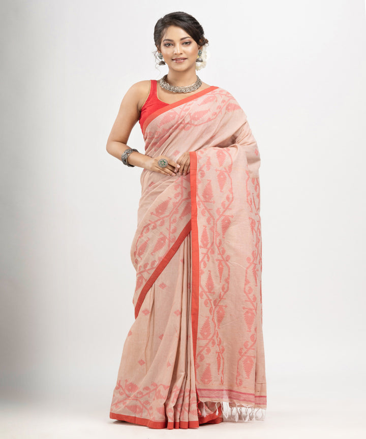 Cozy peach red cotton handwoven jacquard saree
