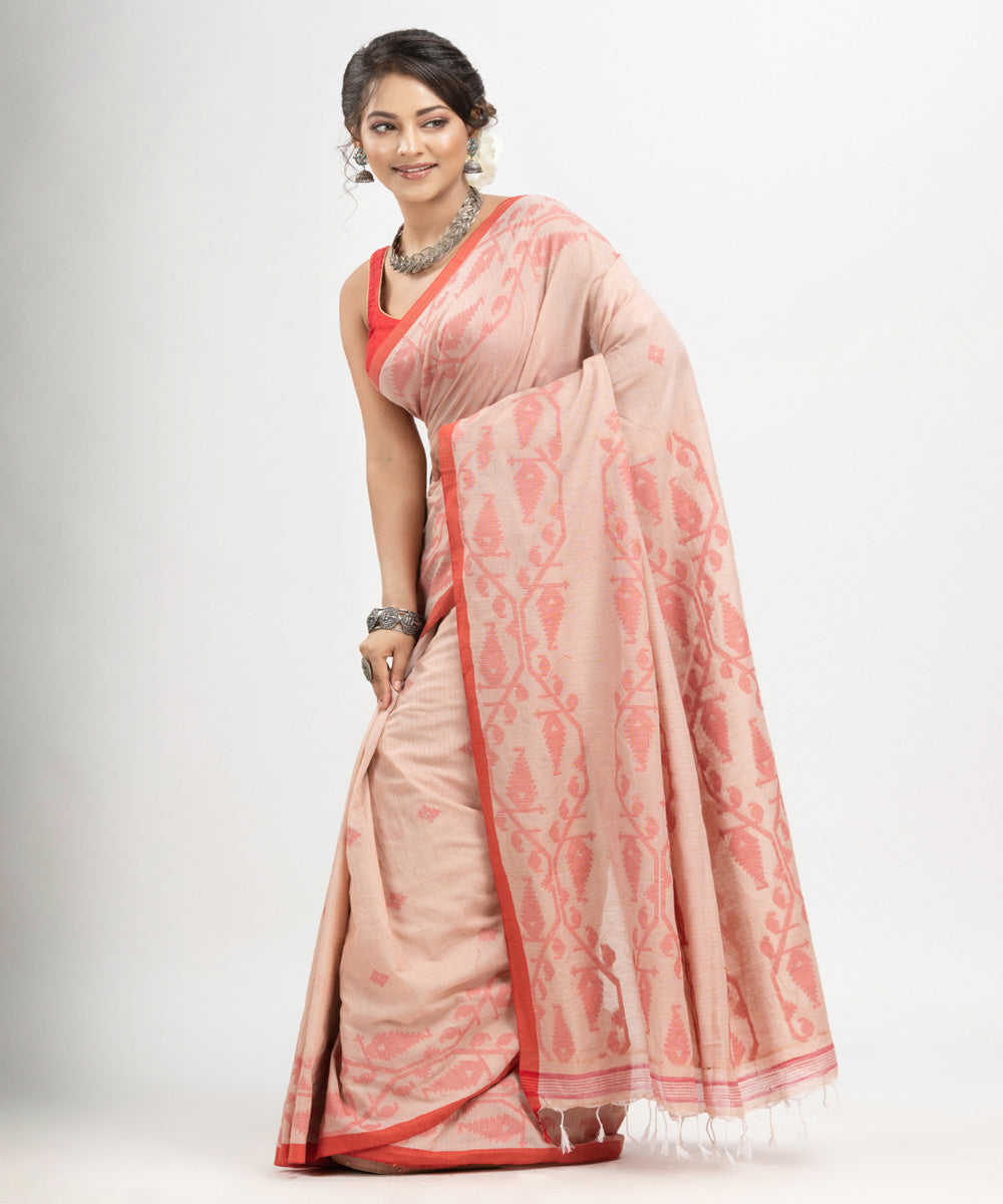 Cozy peach red cotton handwoven jacquard saree