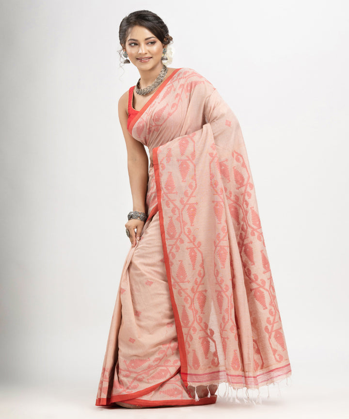 Cozy peach red cotton handwoven jacquard saree