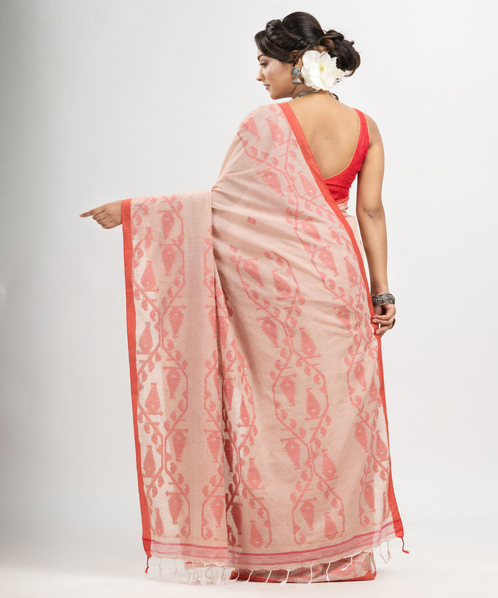 Cozy peach red cotton handwoven jacquard saree