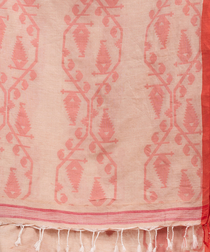 Cozy peach red cotton handwoven jacquard saree