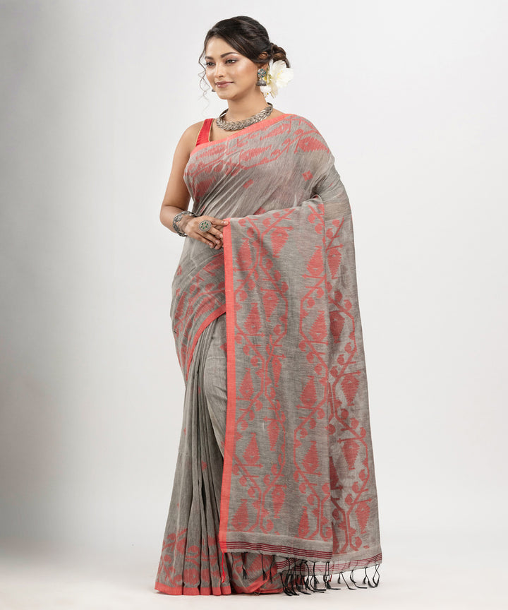 Grey red cotton handwoven jacquard saree