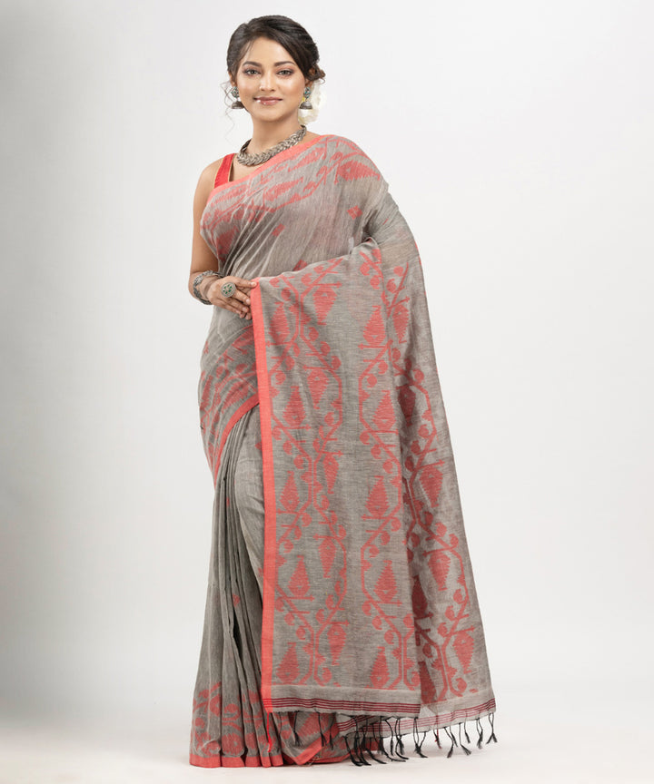 Grey red cotton handwoven jacquard saree