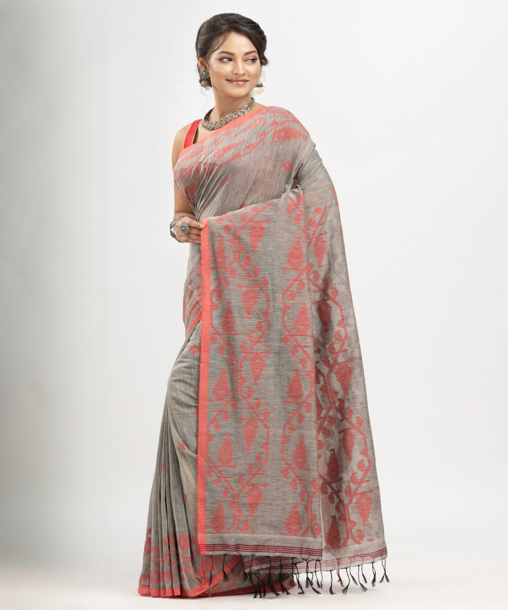 Grey red cotton handwoven jacquard saree