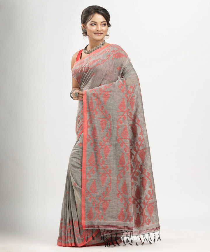 Grey red cotton handwoven jacquard saree