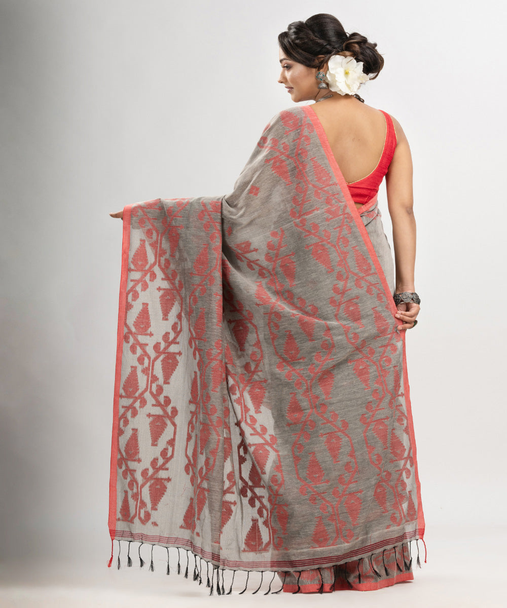 Grey red cotton handwoven jacquard saree