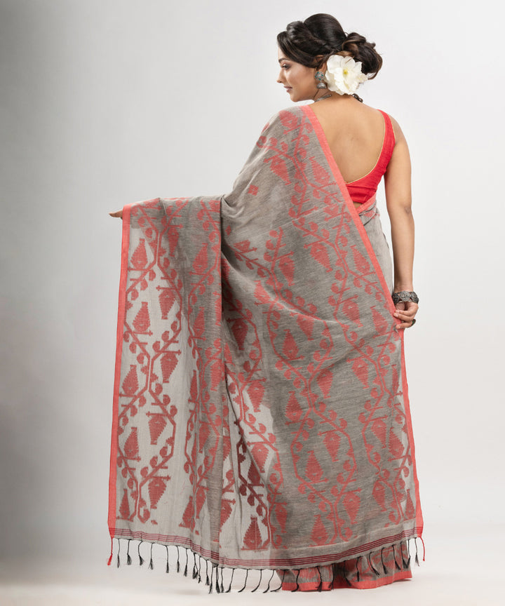 Grey red cotton handwoven jacquard saree