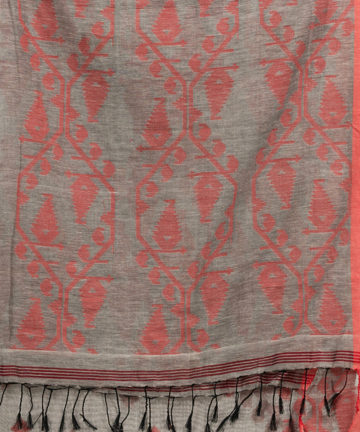 Grey red cotton handwoven jacquard saree
