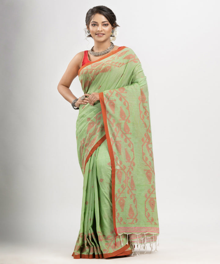 Mint green red cotton handwoven jacquard saree