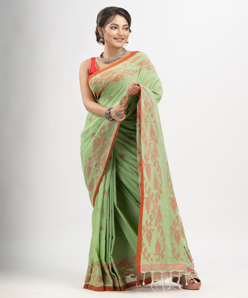 Mint green red cotton handwoven jacquard saree