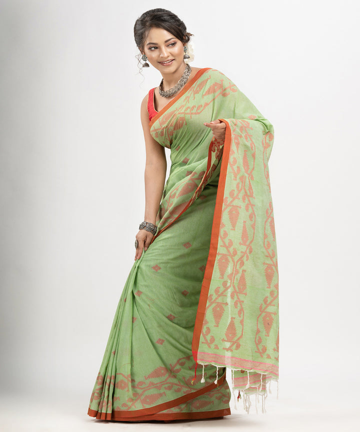 Mint green red cotton handwoven jacquard saree