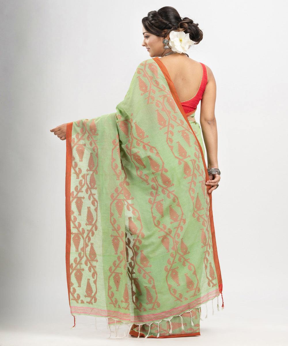 Mint green red cotton handwoven jacquard saree