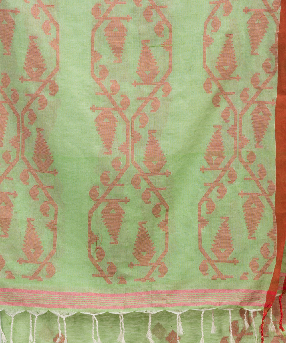 Mint green red cotton handwoven jacquard saree