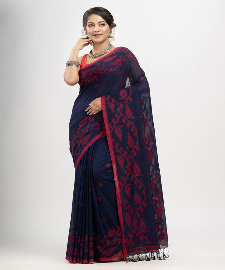 Navy blue red cotton handwoven jacquard saree