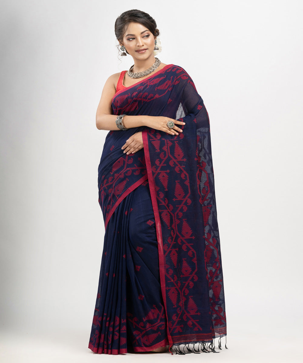 Navy blue red cotton handwoven jacquard saree