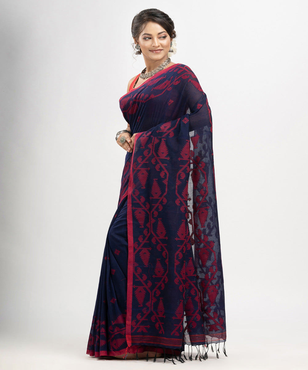 Navy blue red cotton handwoven jacquard saree