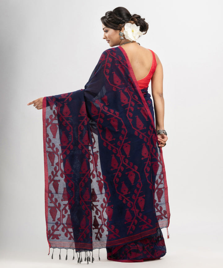 Navy blue red cotton handwoven jacquard saree