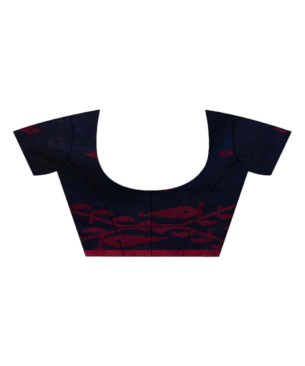 Navy blue red cotton handwoven jacquard saree