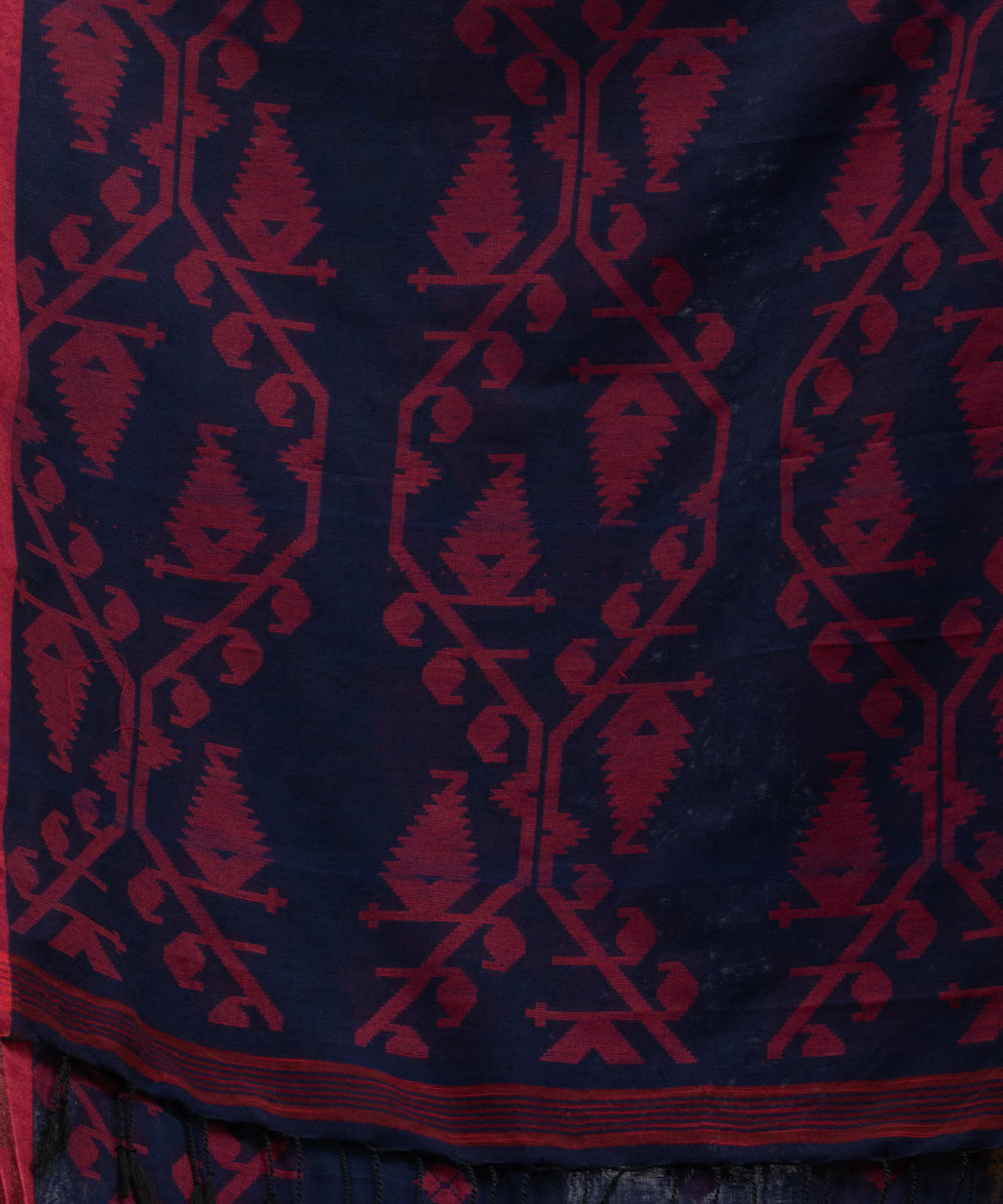 Navy blue red cotton handwoven jacquard saree