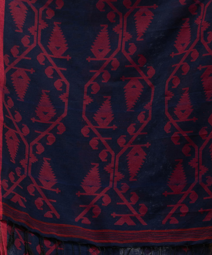 Navy blue red cotton handwoven jacquard saree