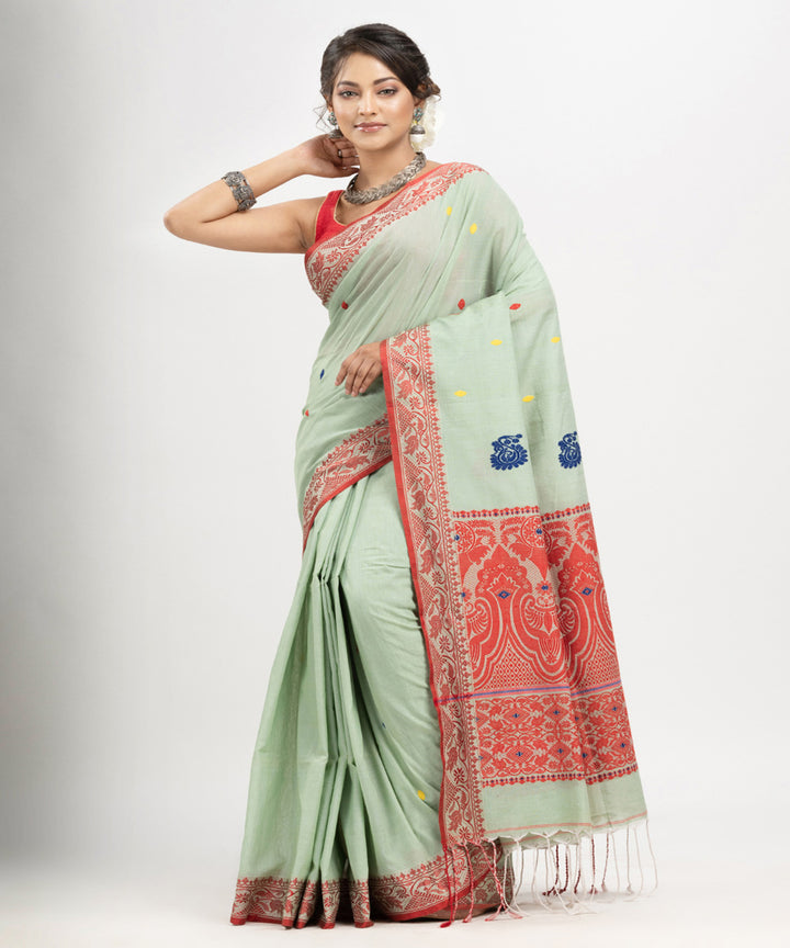 Sage green red cotton jacquard handloom saree