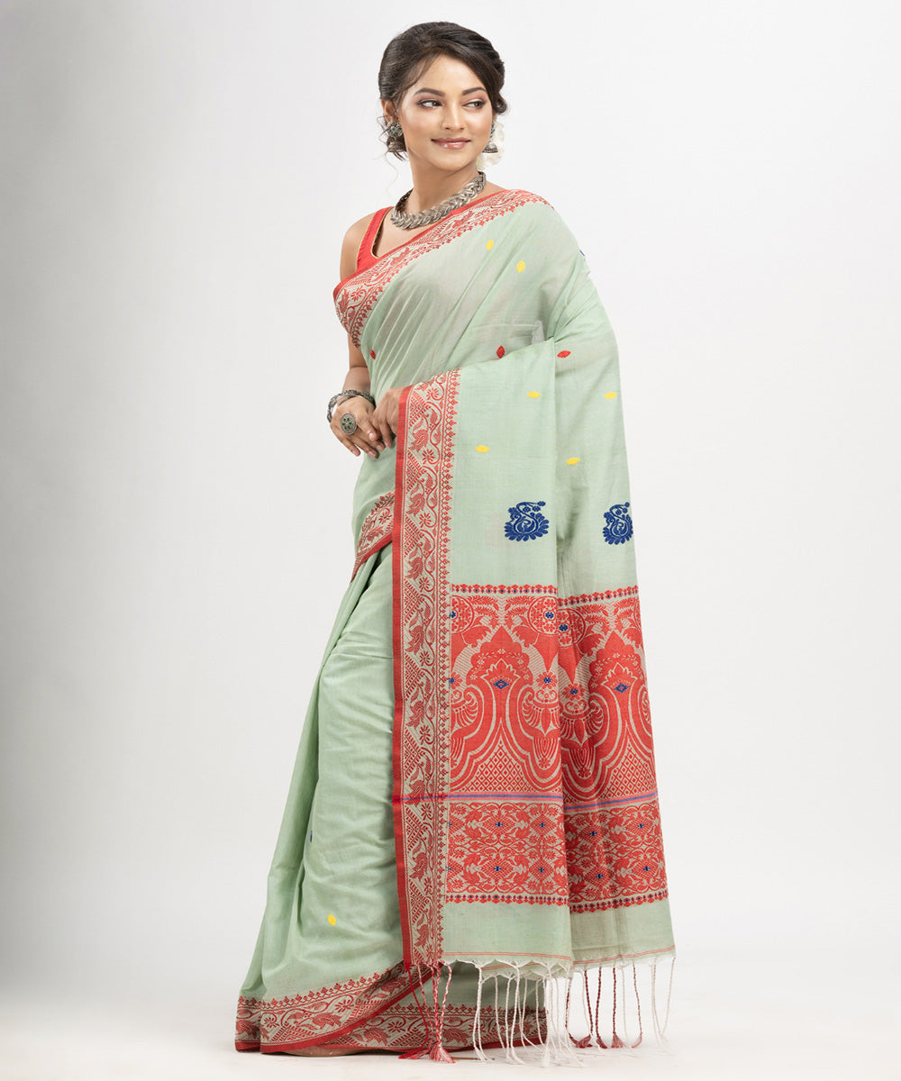 Sage green red cotton jacquard handloom saree