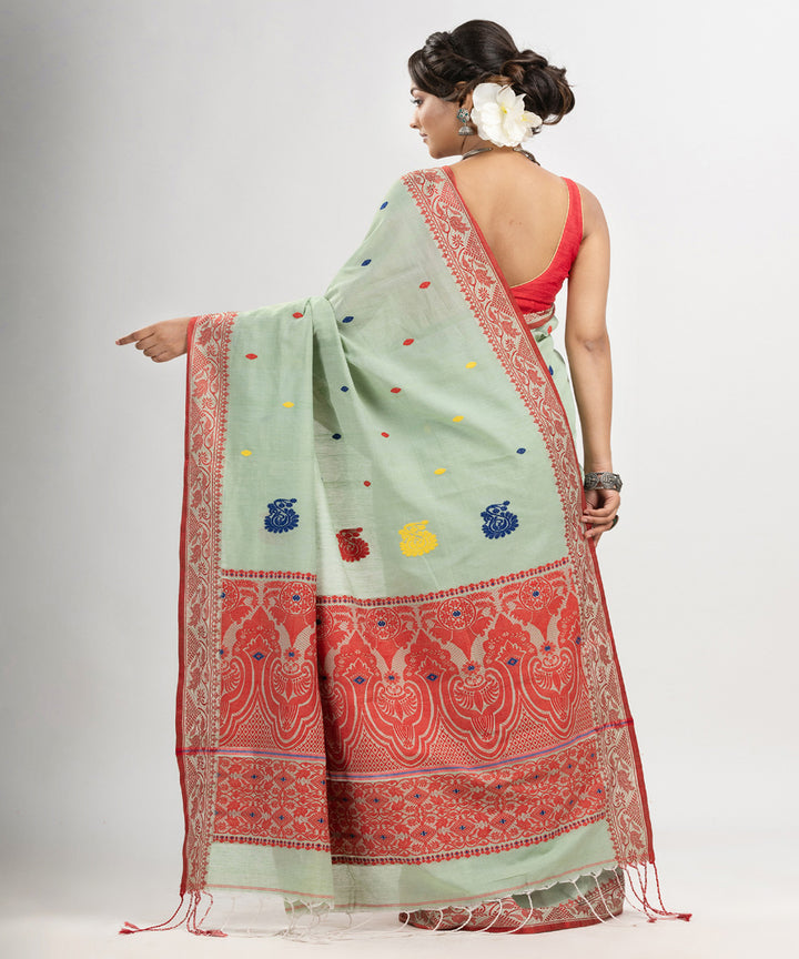 Sage green red cotton jacquard handloom saree