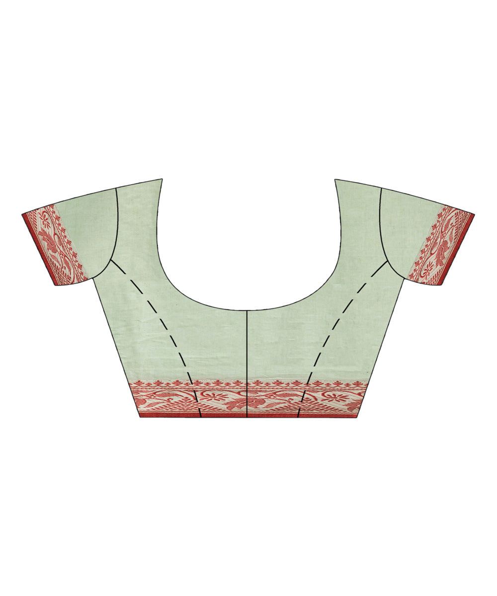 Sage green red cotton jacquard handloom saree