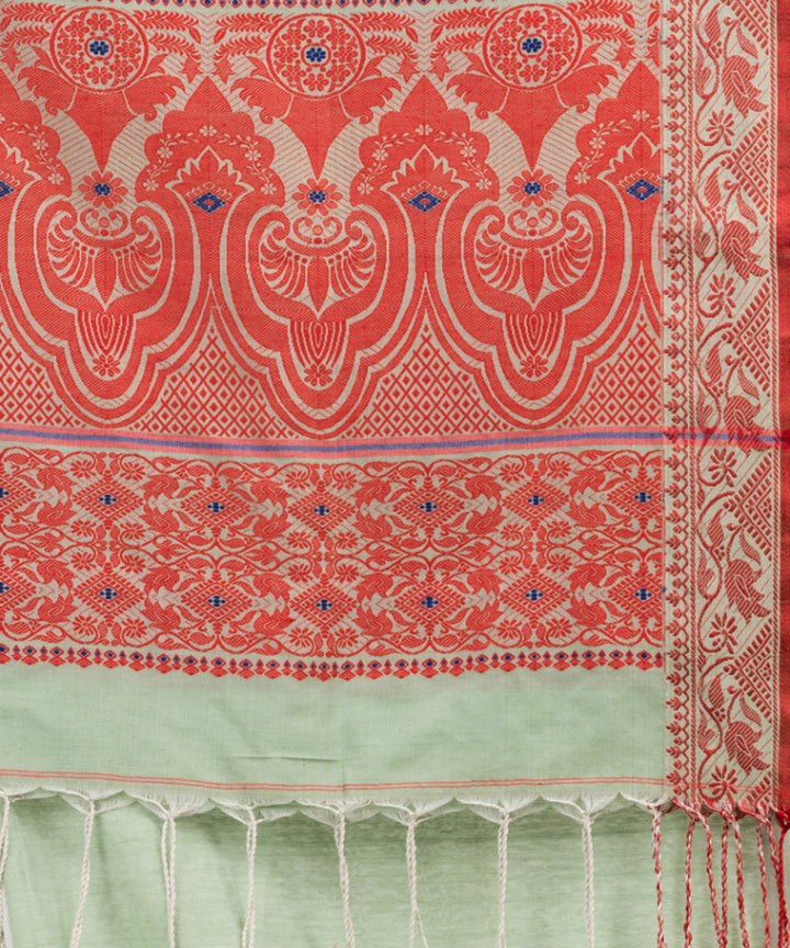 Sage green red cotton jacquard handloom saree