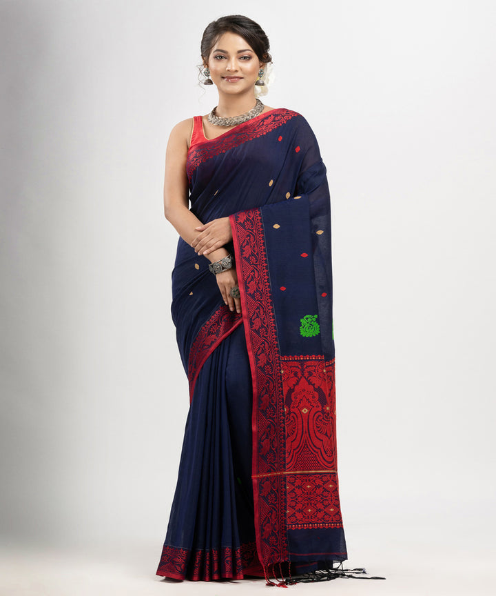 Navy blue red cotton jacquard handloom saree
