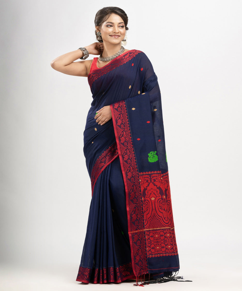 Navy blue red cotton jacquard handloom saree