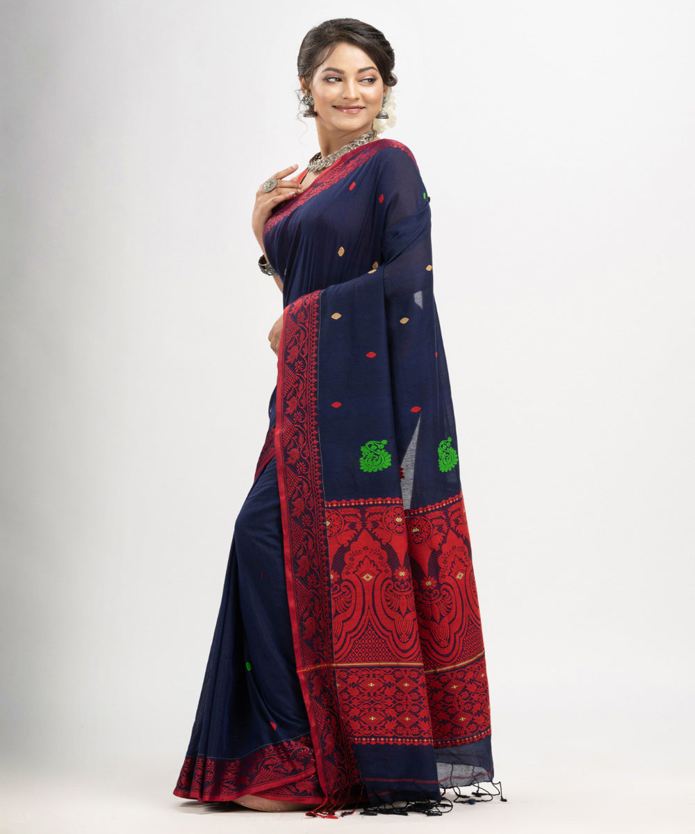 Navy blue red cotton jacquard handloom saree