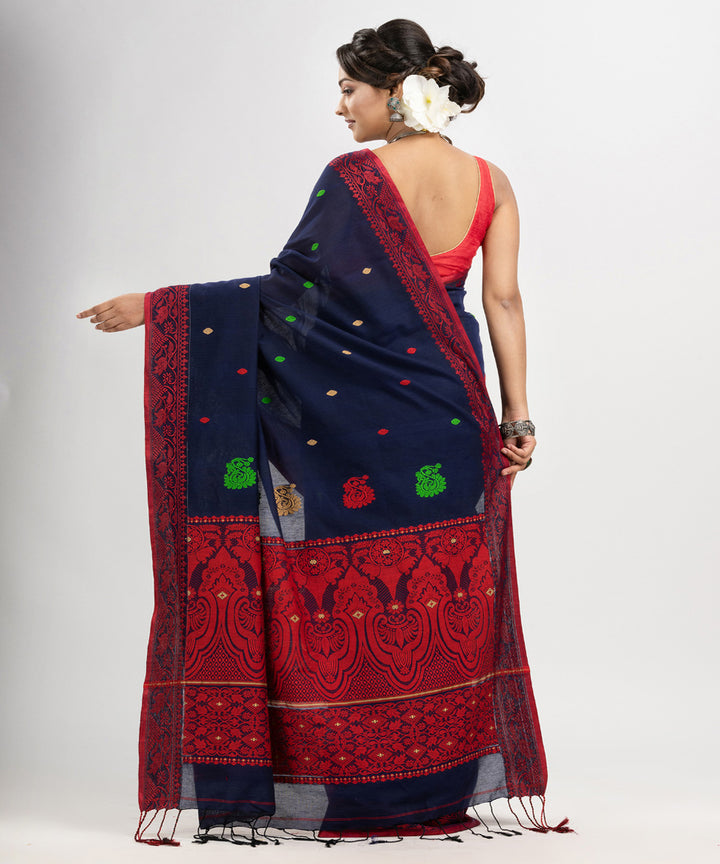 Navy blue red cotton jacquard handloom saree