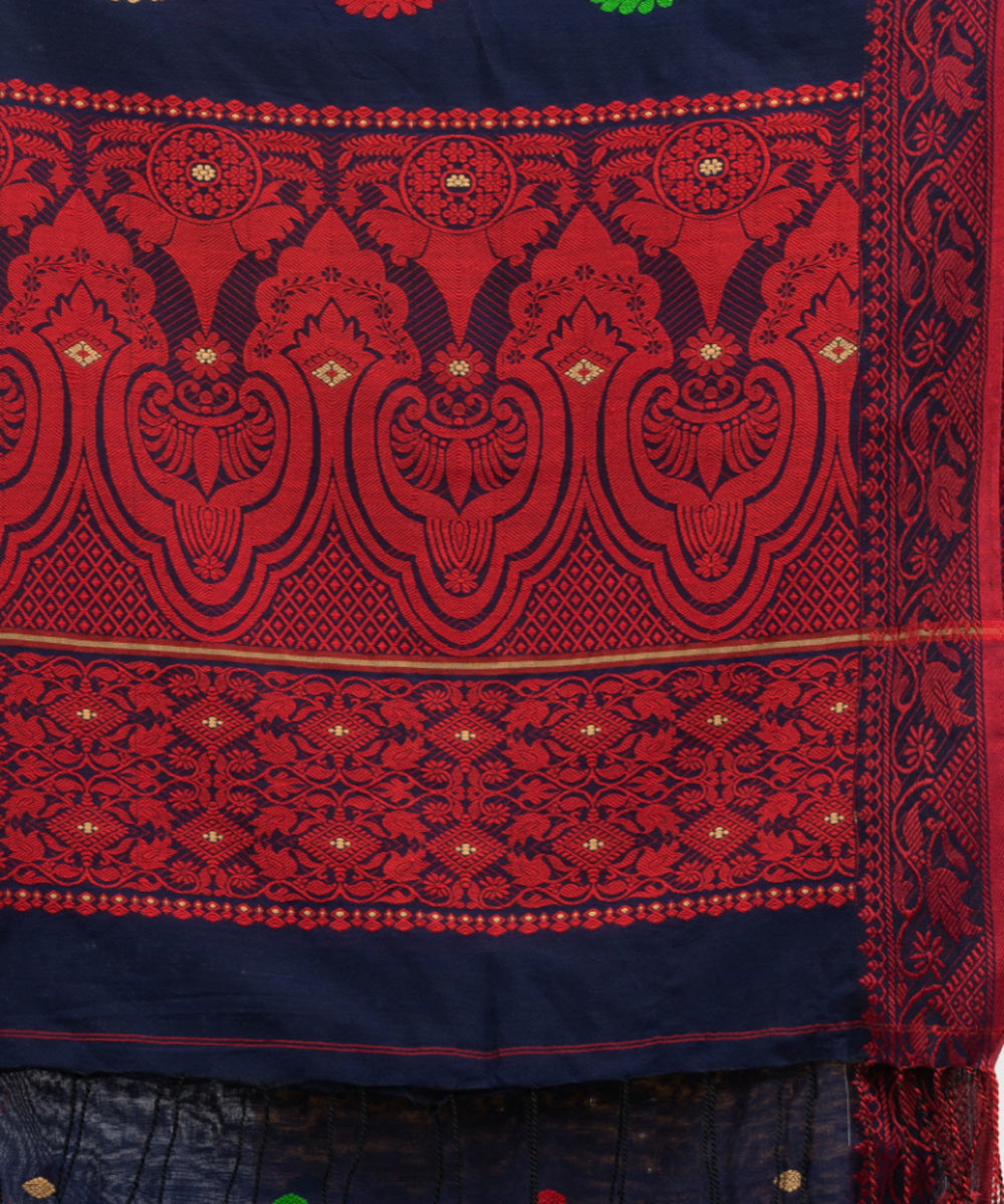 Navy blue red cotton jacquard handloom saree