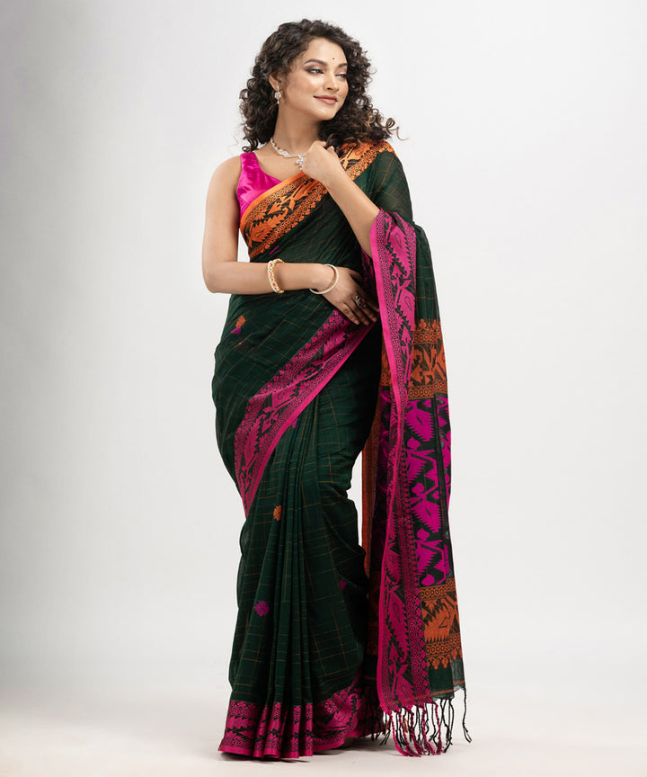 Bottle green pink cotton jacquard handloom saree