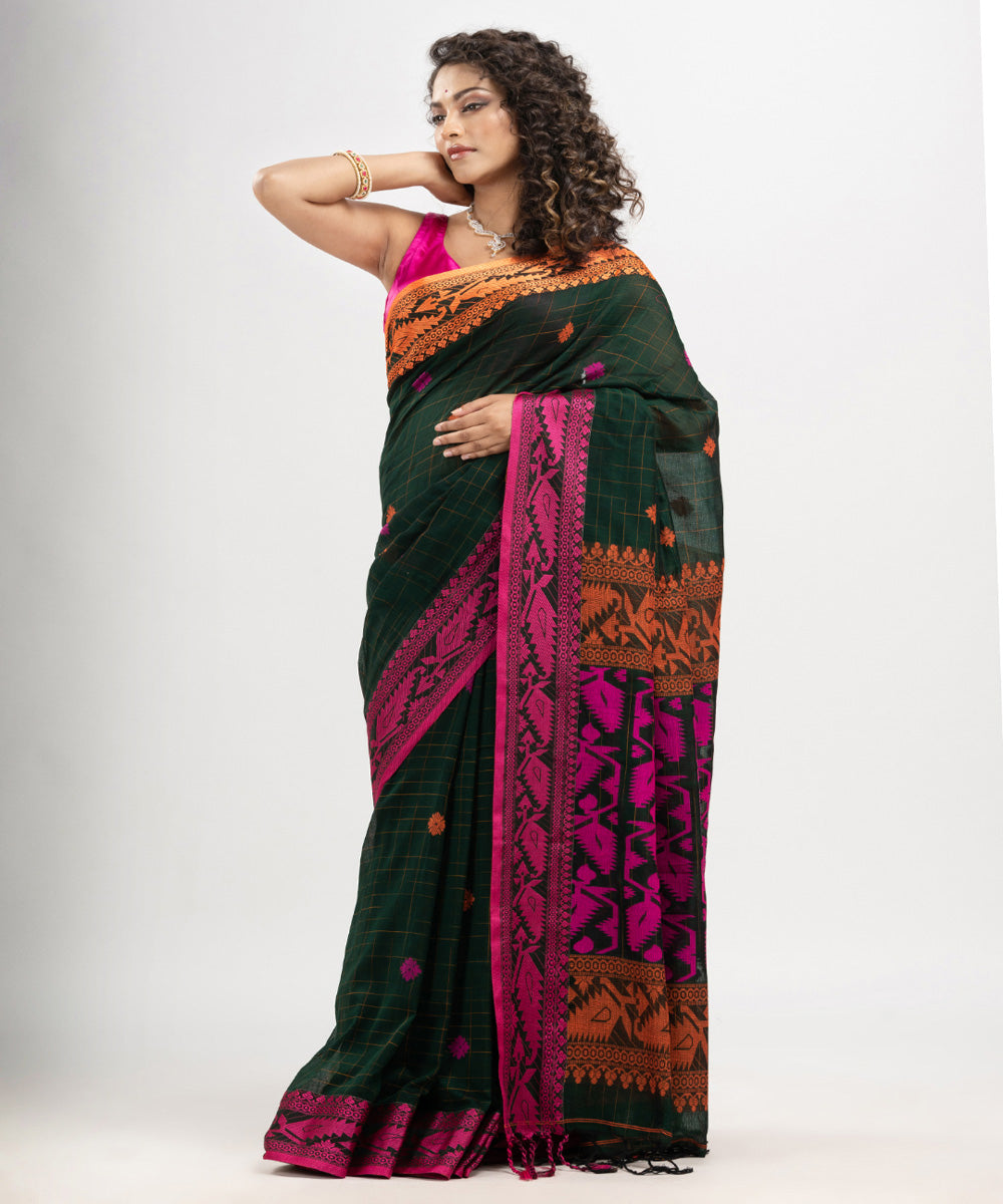 Bottle green pink cotton jacquard handloom saree