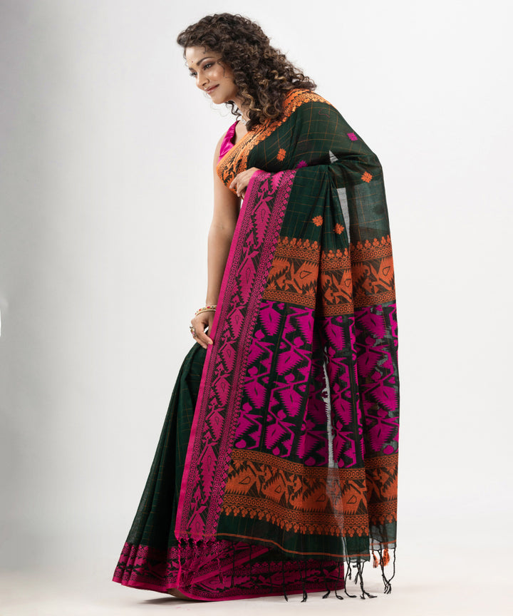 Bottle green pink cotton jacquard handloom saree