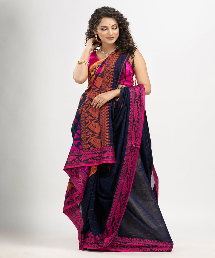 Navy blue pink cotton jacquard handloom saree