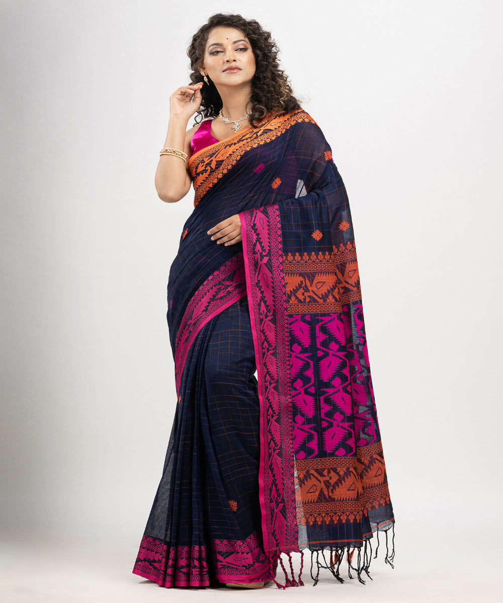 Navy blue pink cotton jacquard handloom saree