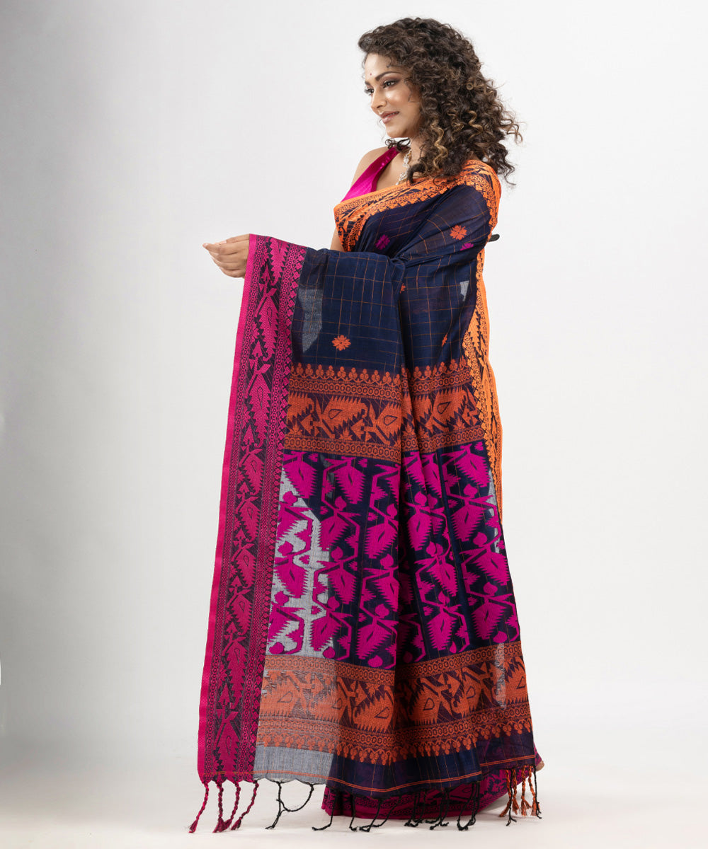 Navy blue pink cotton jacquard handloom saree