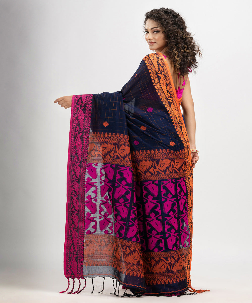 Navy blue pink cotton jacquard handloom saree