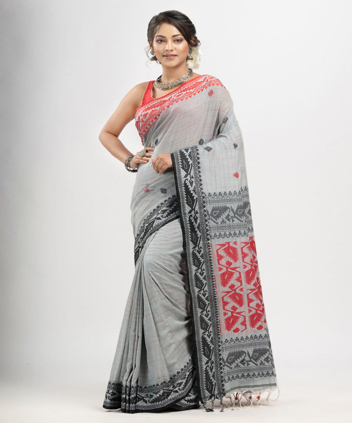 Pearl grey red cotton jacquard handloom saree