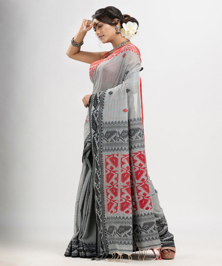 Pearl grey red cotton jacquard handloom saree